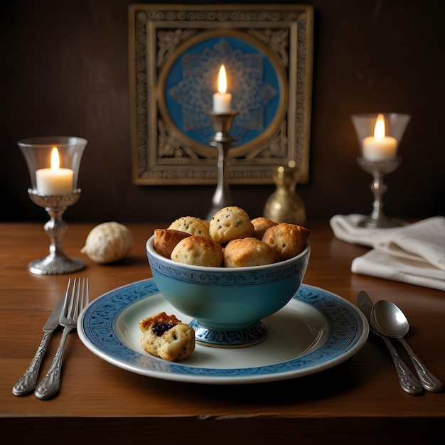 une assiette de muffins est assise sur une table avec une bougie en arrière-plan