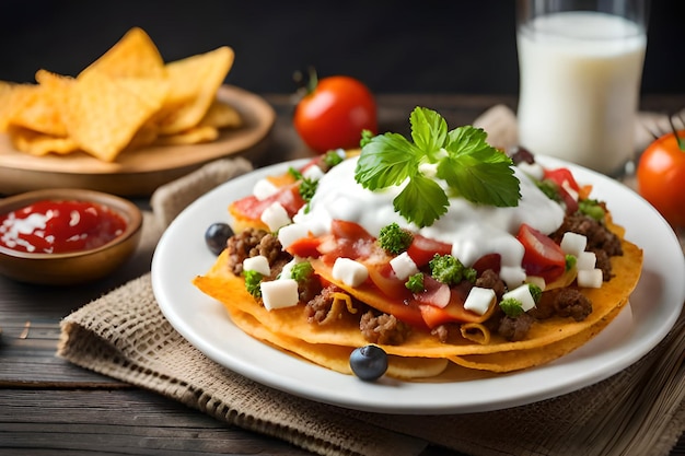 Une assiette de nachos avec un bol de fromage bleu, des tomates et un verre de lait.