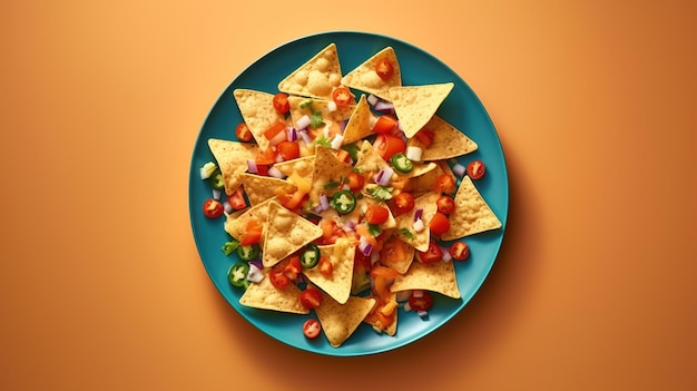 Une assiette de nachos à fond rouge