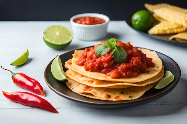 Une assiette de nachos avec salsa et quartiers de lime.