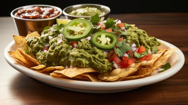 une assiette de nachos avec une variété de trempettes.