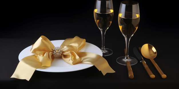 Une assiette avec un noeud en or dessus et deux coupes de champagne sur la table.