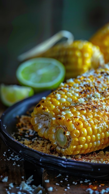 Photo une assiette noire contenant du maïs grillé sur la tourbe surmonté de fromage parmesan