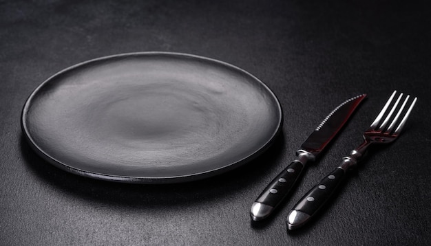 Assiette noire ronde vide sur fond noir de mauvaise humeur sombre avec espace de copie