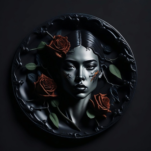 Une assiette noire ronde avec un visage de femme et des roses dessus.