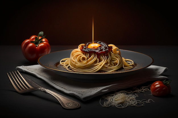 Assiette noire avec des spaghettis italiens