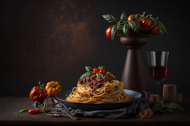 Assiette noire avec des spaghettis italiens