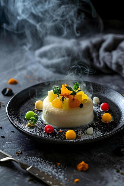 une assiette noire surmontée d'un dessert recouvert de fruits