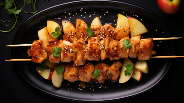 Photo une assiette noire surmontée de poulet et de brochettes de pommes parfaite pour un repas délicieux et sain