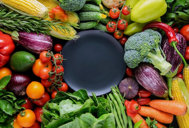 Assiette noire vide avec cadre à partir d'un ensemble de légumes biologiques sains