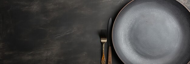 Photo une assiette noire vide avec des couverts sur un dos en béton foncé