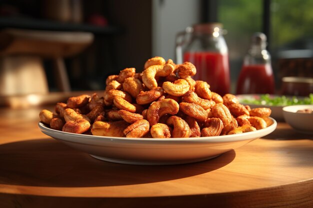 Une assiette de noix de cajou barbecue sur la table