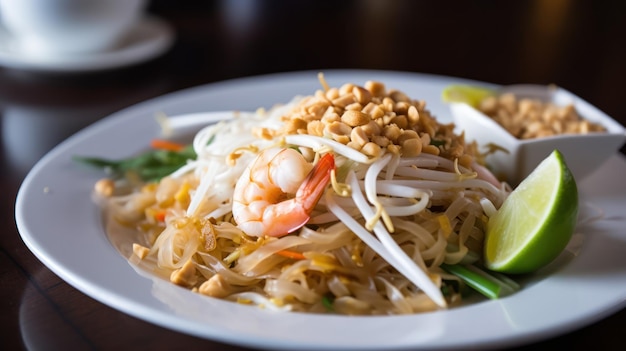 Une assiette de nouilles aux crevettes et autres aliments dessus