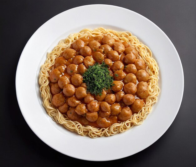 Photo une assiette de nouilles avec du brocoli et des boulettes de viande sur le dessus