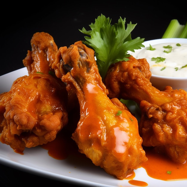 Une assiette de nourriture avec des ailes de poulet et un bol de trempette ranch.