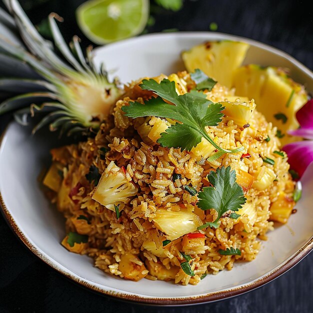 une assiette de nourriture avec de l'ananas et de l' ananas dessus