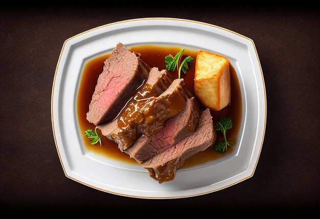 Une assiette de nourriture avec une assiette de boeuf et de pommes de terre