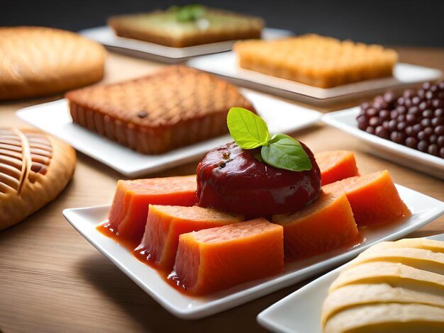 Une assiette de nourriture avec une assiette de fruits et une assiette de fruits.