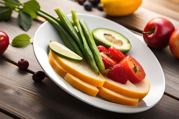 une assiette de nourriture avec une assiette de légumes et de fruits dessus