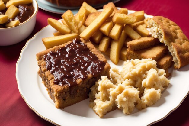 Une assiette de nourriture avec une assiette de nourriture avec une assiette de nourriture avec une assiette de nourriture dessus.