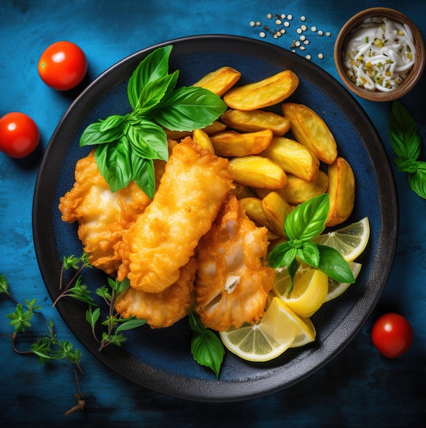 Une assiette de nourriture avec une assiette de nourriture qui dit "poisson" dessus