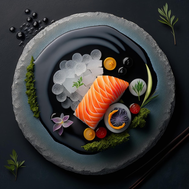 Une assiette de nourriture avec une assiette de saumon et de légumes.