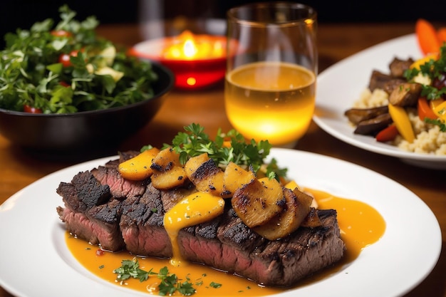 Une assiette de nourriture avec une assiette de steak et un verre de bière.