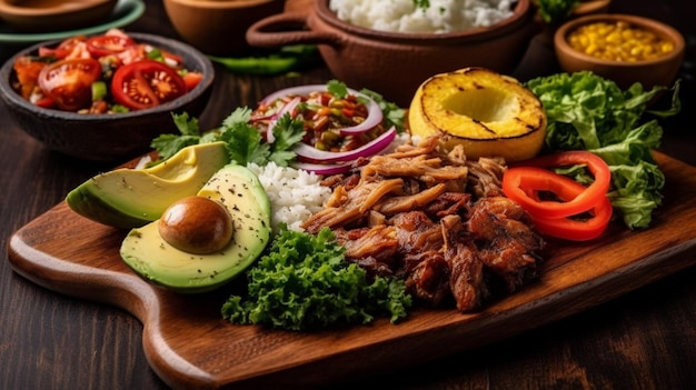 Une assiette de nourriture avec avocat, avocat et avocat.