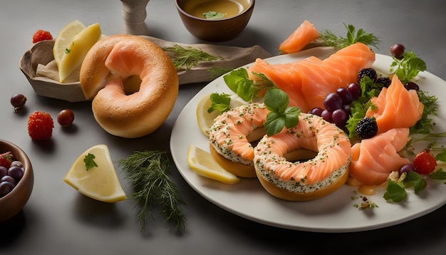 une assiette de nourriture avec un bagel et des tranches de citron