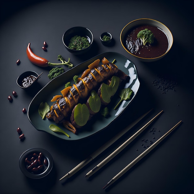 Une assiette de nourriture avec des baguettes et un bol de sauce sur le côté.