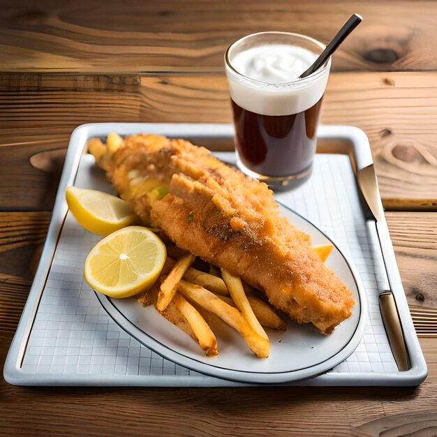 Une assiette de nourriture avec une boisson et du poisson dessus