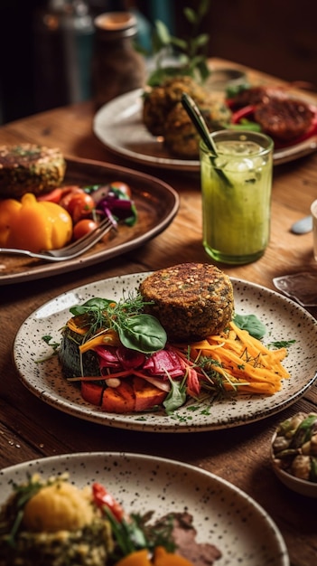 Une assiette de nourriture avec une boisson sur la table