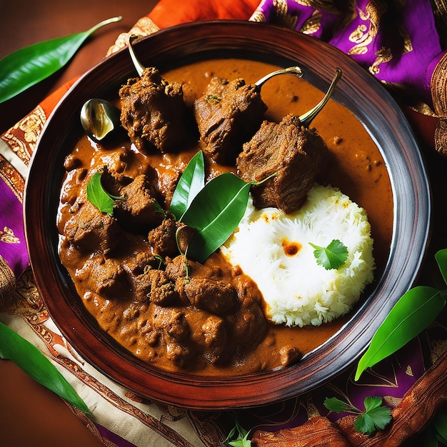 Photo une assiette de nourriture avec un bol de bœuf rendang un aliment typique d'indonésie