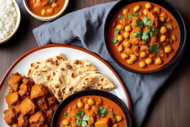 Une assiette de nourriture avec un bol de curry de pois chiches et de pain naan