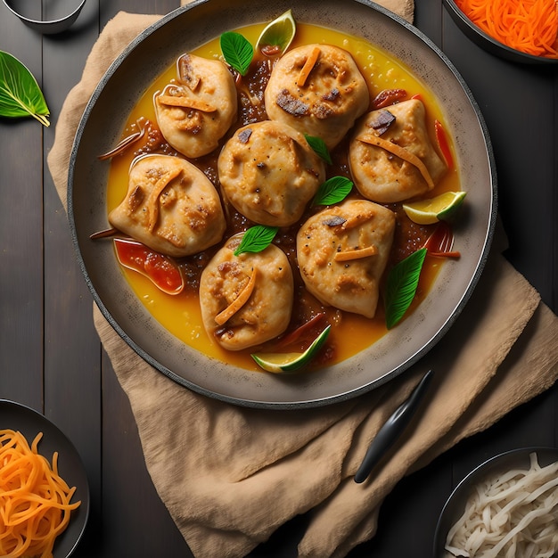 Une assiette de nourriture avec un bol de nourriture dessus et un bol de carottes râpées sur le côté.