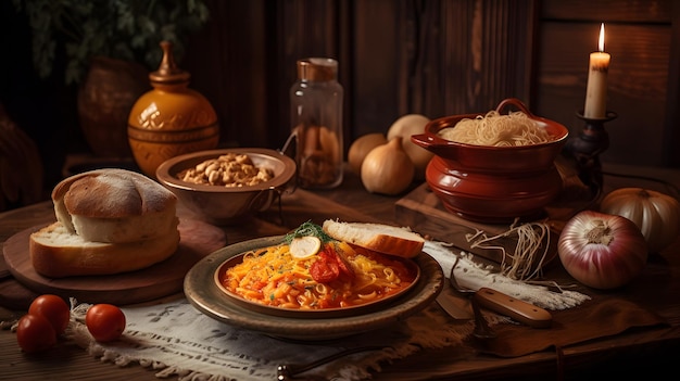 Une assiette de nourriture avec un bol de nourriture dessus