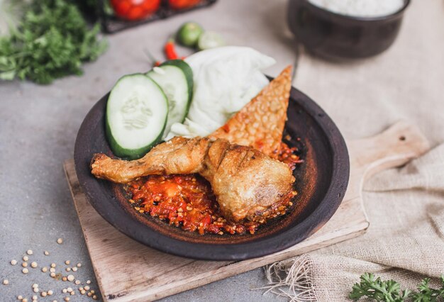 Photo une assiette de nourriture avec un bol de poulet dessus et un bol de riz et de légumes.