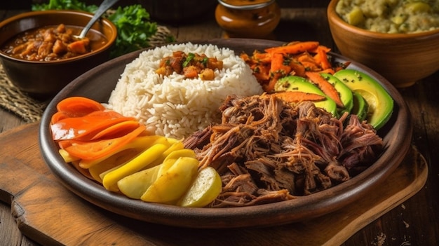 Une assiette de nourriture avec un bol de riz et un bol de porc effiloché.