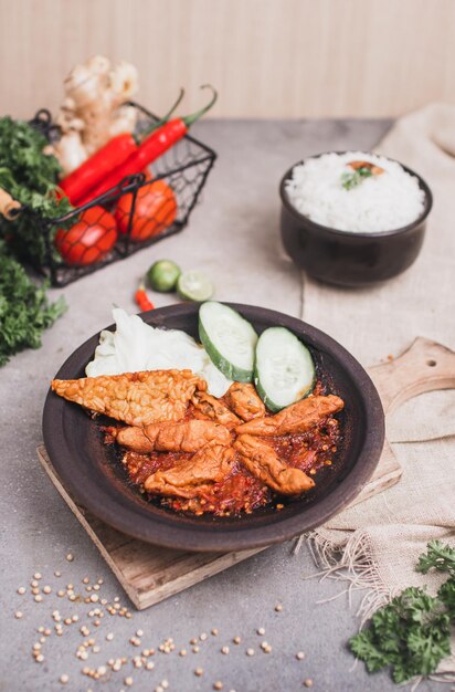 Photo une assiette de nourriture avec un bol de riz et un bol de poulet.