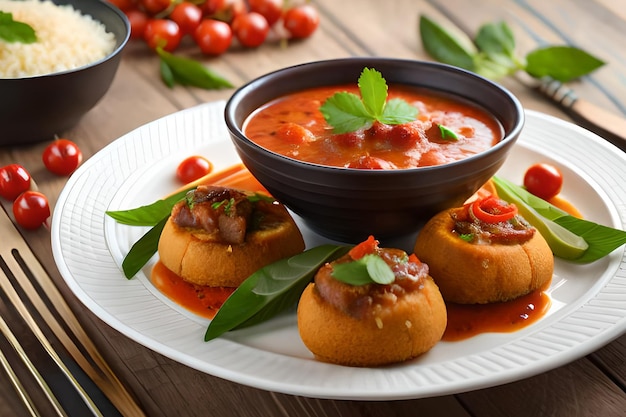 Une assiette de nourriture avec un bol de sauce tomate et un bol de sauce tomate.