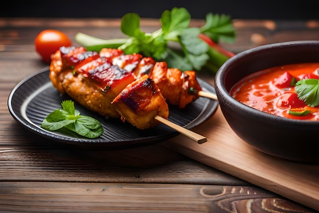 Une assiette de nourriture avec un bol de sauce tomate dessus