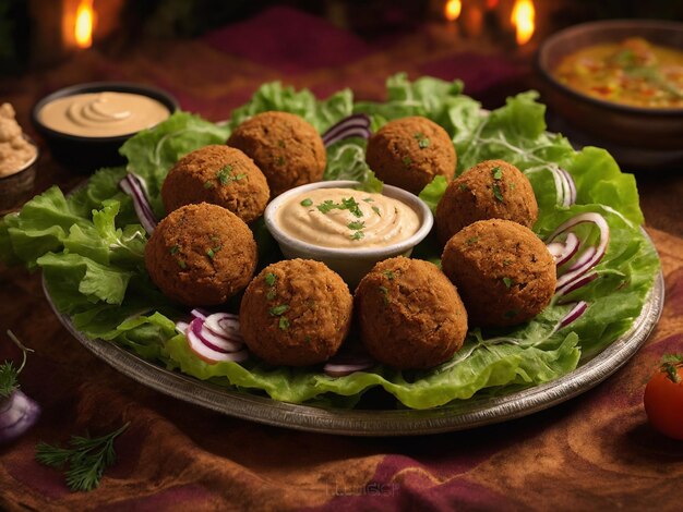 une assiette de nourriture avec un bol de trempette et de sauce dessus.