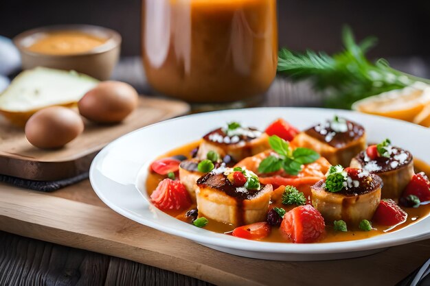 une assiette de nourriture avec une bougie en arrière-plan