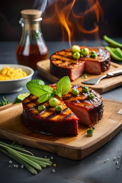 Photo une assiette de nourriture avec une bouteille de citron sur le côté