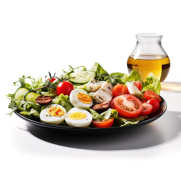 une assiette de nourriture avec une bouteille d'huile d'olive à côté