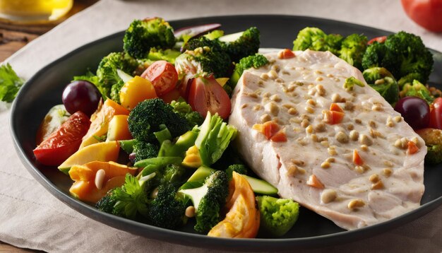 Photo une assiette de nourriture avec des brocolis, des tomates et de la viande