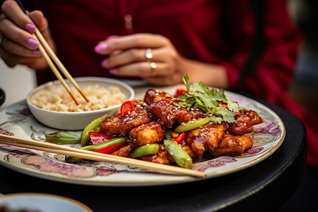 Photo une assiette de nourriture chinoise avec une assiette de nouilles et une tasse de thé