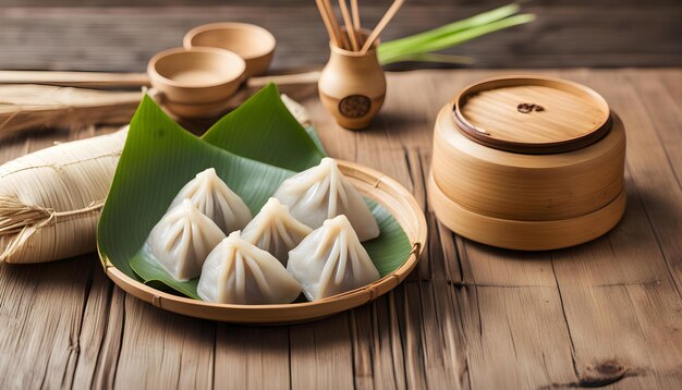 Photo une assiette de nourriture chinoise avec un bol en bois et une boîte en bois avec un couvercle en bois