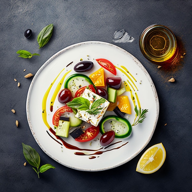 Une assiette de nourriture avec un citron sur le côté et une assiette de nourriture sur la table.