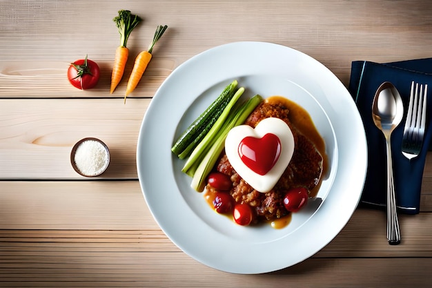 Une assiette de nourriture avec un cœur dessus et une assiette de nourriture avec un couteau et une fourchette à côté.